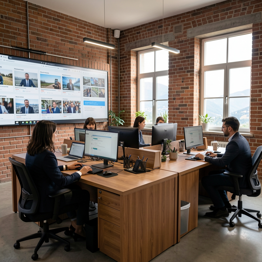 Modern editorial office interior in Podgorica, Montenegro, with journalists working at computers, large monitors displaying news content, exposed brick walls and wooden desks