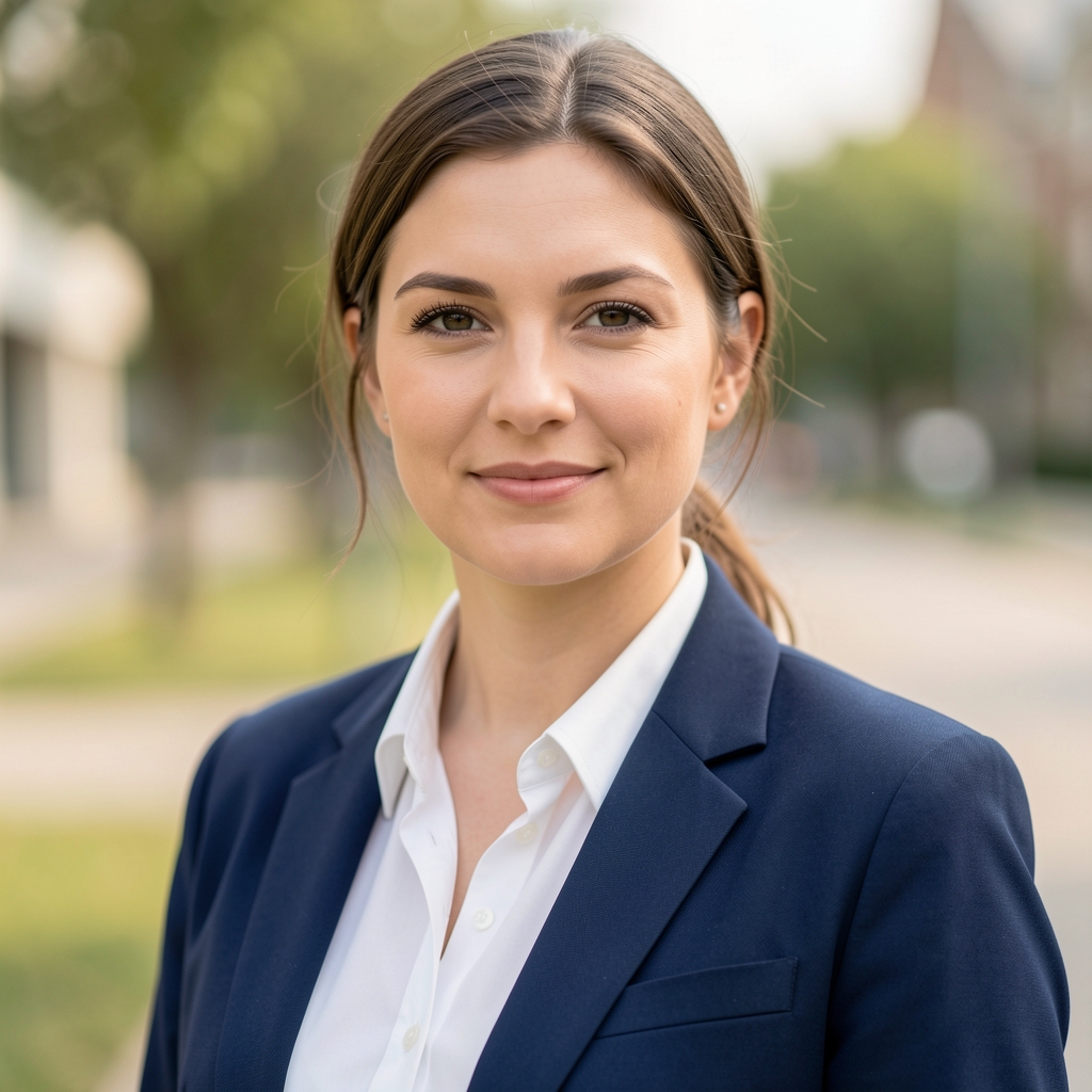 Portrait of Ana Djuranovic, EU and foreign policy analyst, woman in her thirties with professional look, formal blazer, confident posture