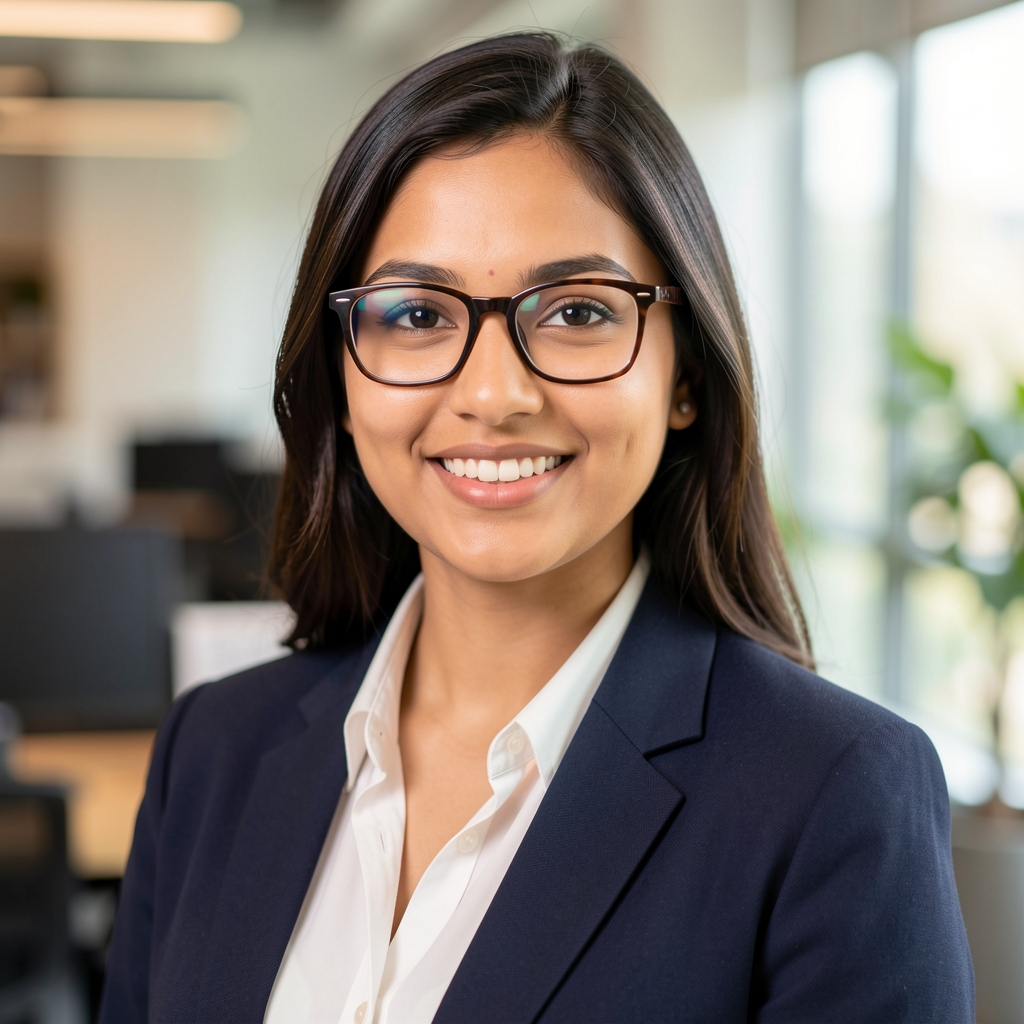 Portrait of Jovana Radovic, economics editor, young woman with glasses in professional attire, warm expression, office background