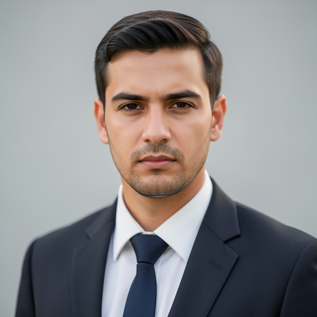 Portrait of Nikola Stamatovic, regional affairs analyst, serious-looking man in his thirties, professional headshot with light grey background