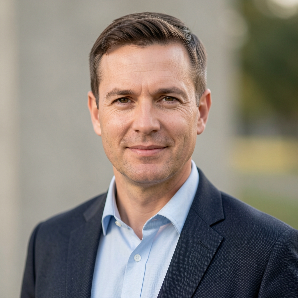 Portrait of Nikola Petrovic, editor-in-chief of Kepler analytical portal, middle-aged man in business casual attire, professional headshot with neutral background