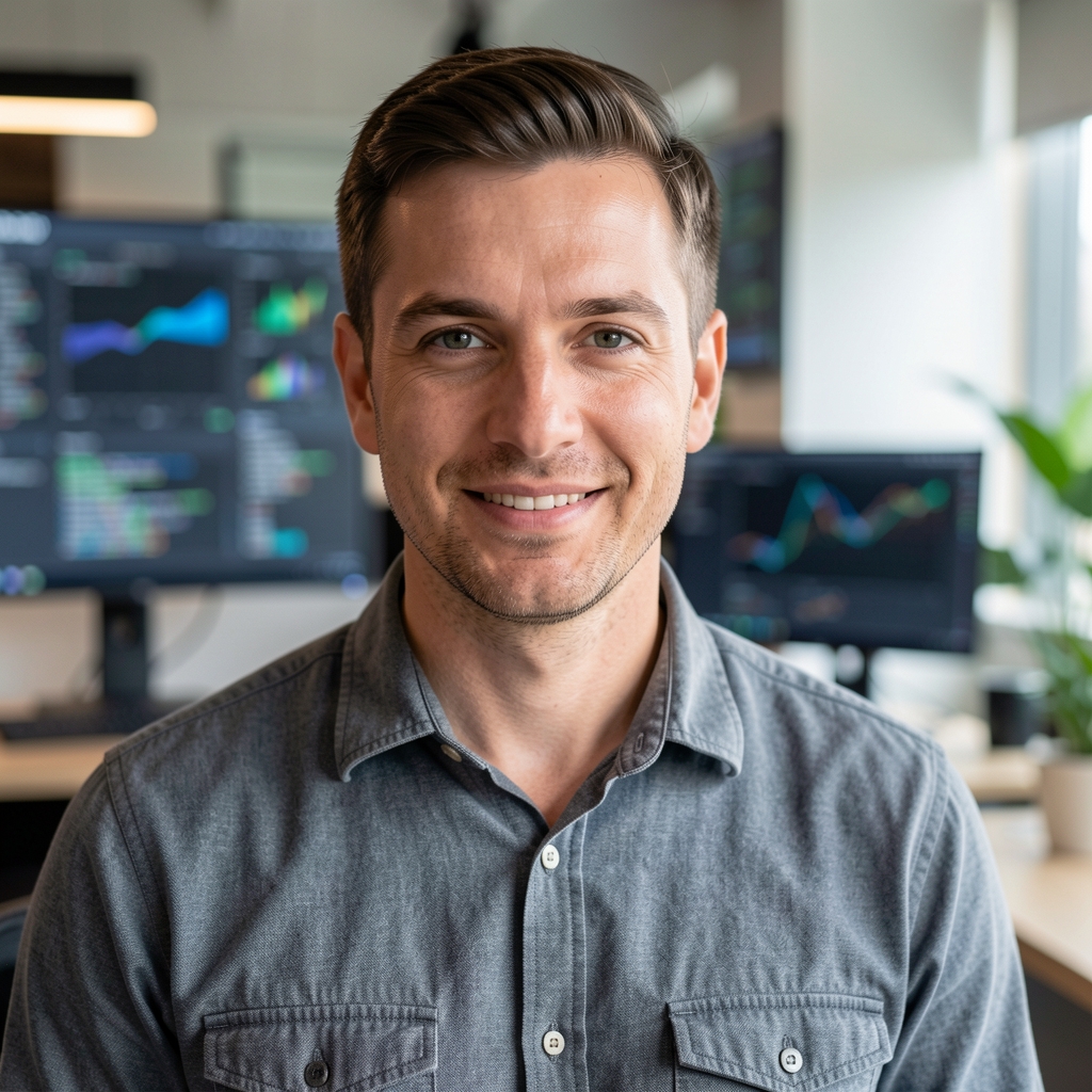 Portrait of Petar Nikolic, technology and digital economy journalist, man in his forties with casual modern look, tech-themed office background