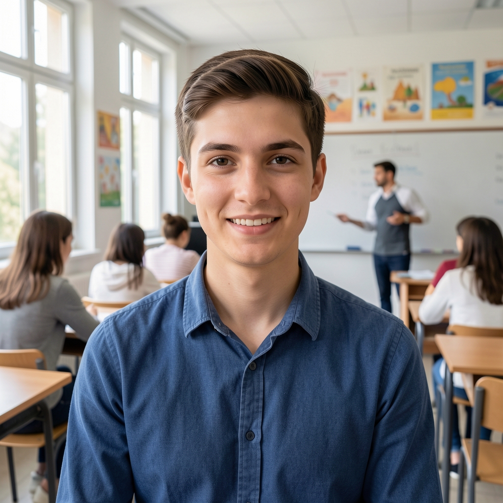 Bright modern classroom in Montenegro with students sitting at desks, teacher at whiteboard, large windows with natural light, educational posters on walls