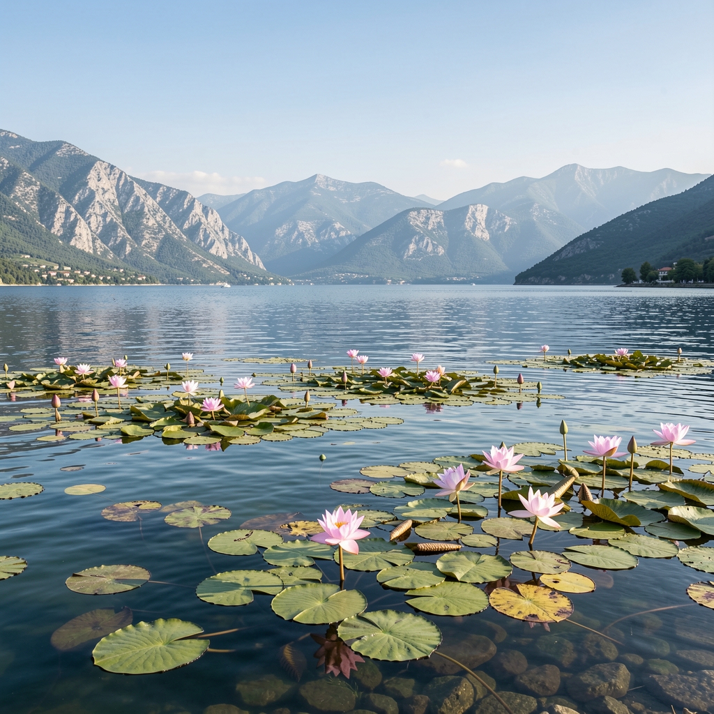 Панорамски поглед на Скадарско jезеро у Crnoj Gori са лотосима на води, плавичастом водном површином и планинама у позадини при сунчаном времену