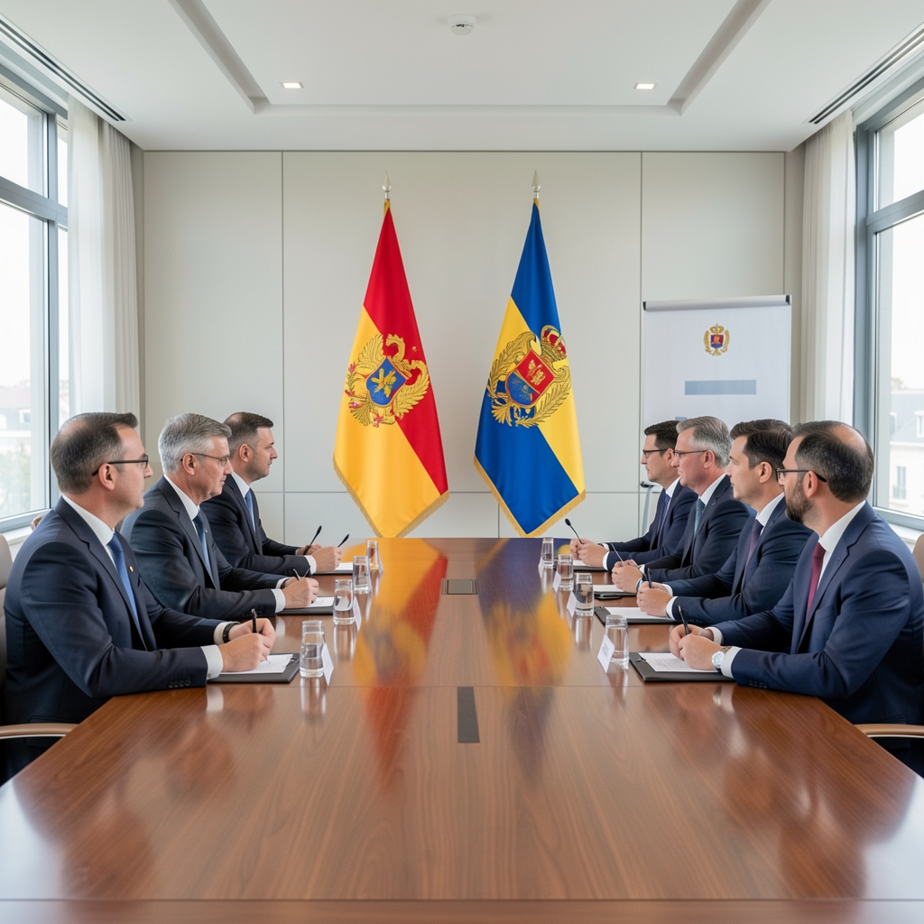 European Union and Montenegro flags displayed side by side in a government building conference room with officials in formal suits at a signing ceremony