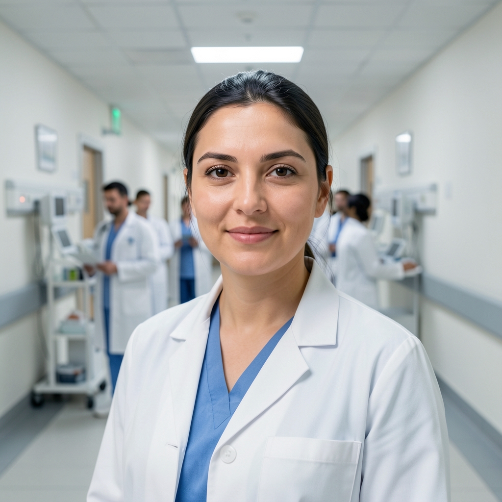 Modern hospital corridor in Montenegro with medical staff in white coats, bright LED lighting, clean tiled floors, and medical equipment along the walls