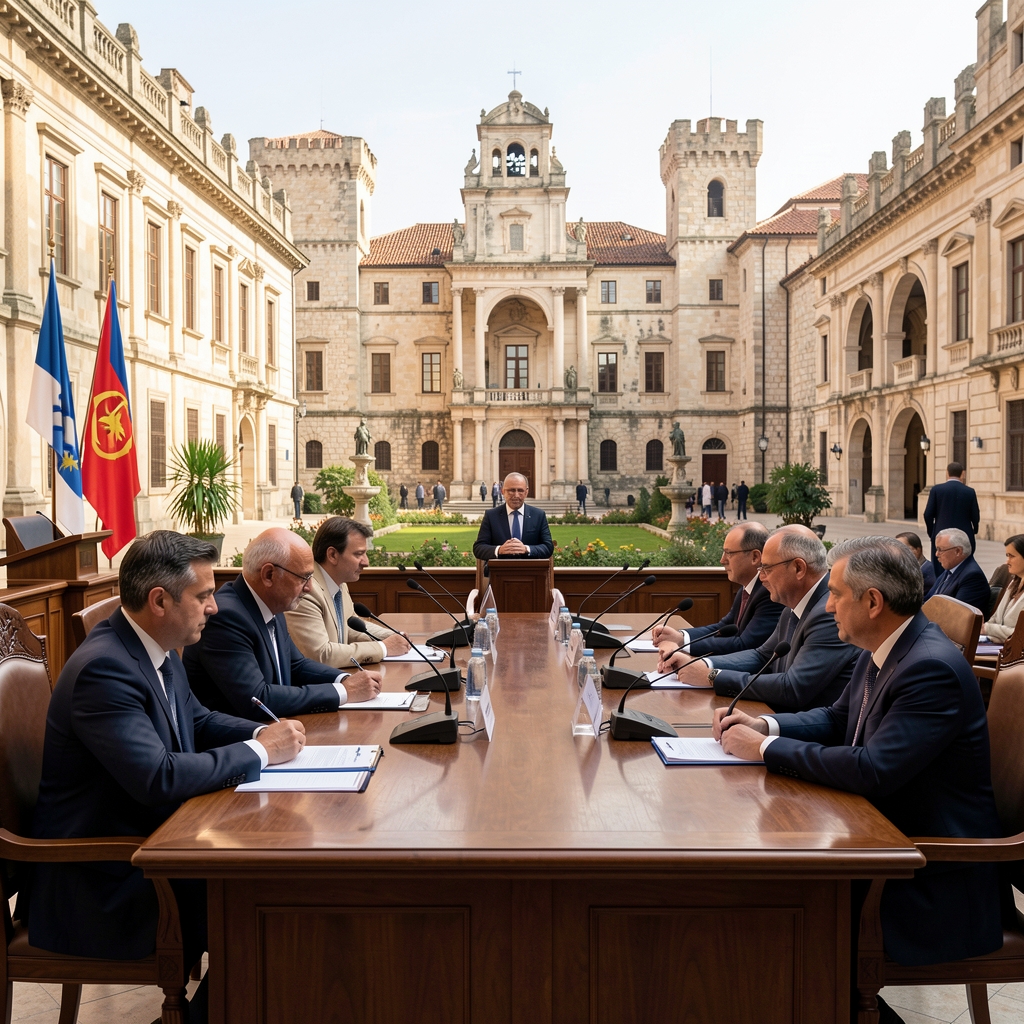 Локални парламент у Котору са одборницима током гласања о буџету, историјски рефлекси на зидовима