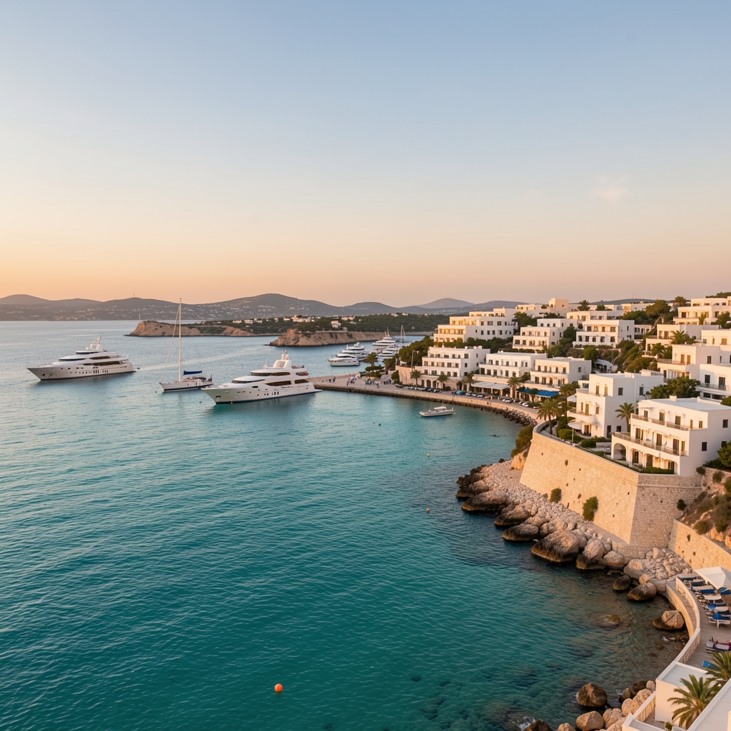 Panoramic view of the Montenegrin Adriatic coastline with turquoise water, luxury yachts, and white stone buildings of Kotor Bay at golden hour