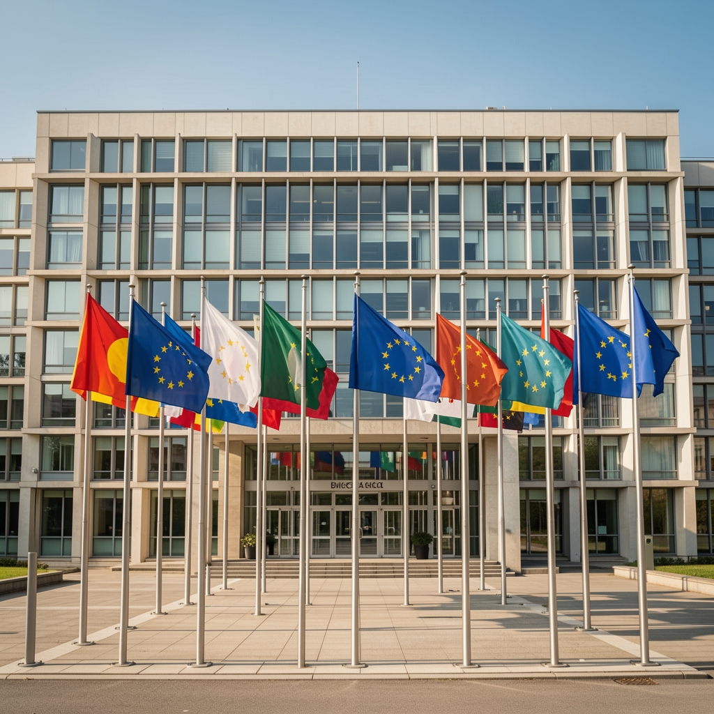 Поглед на Брисел са зградом Европског парламента и европским заставама дуж аутопута